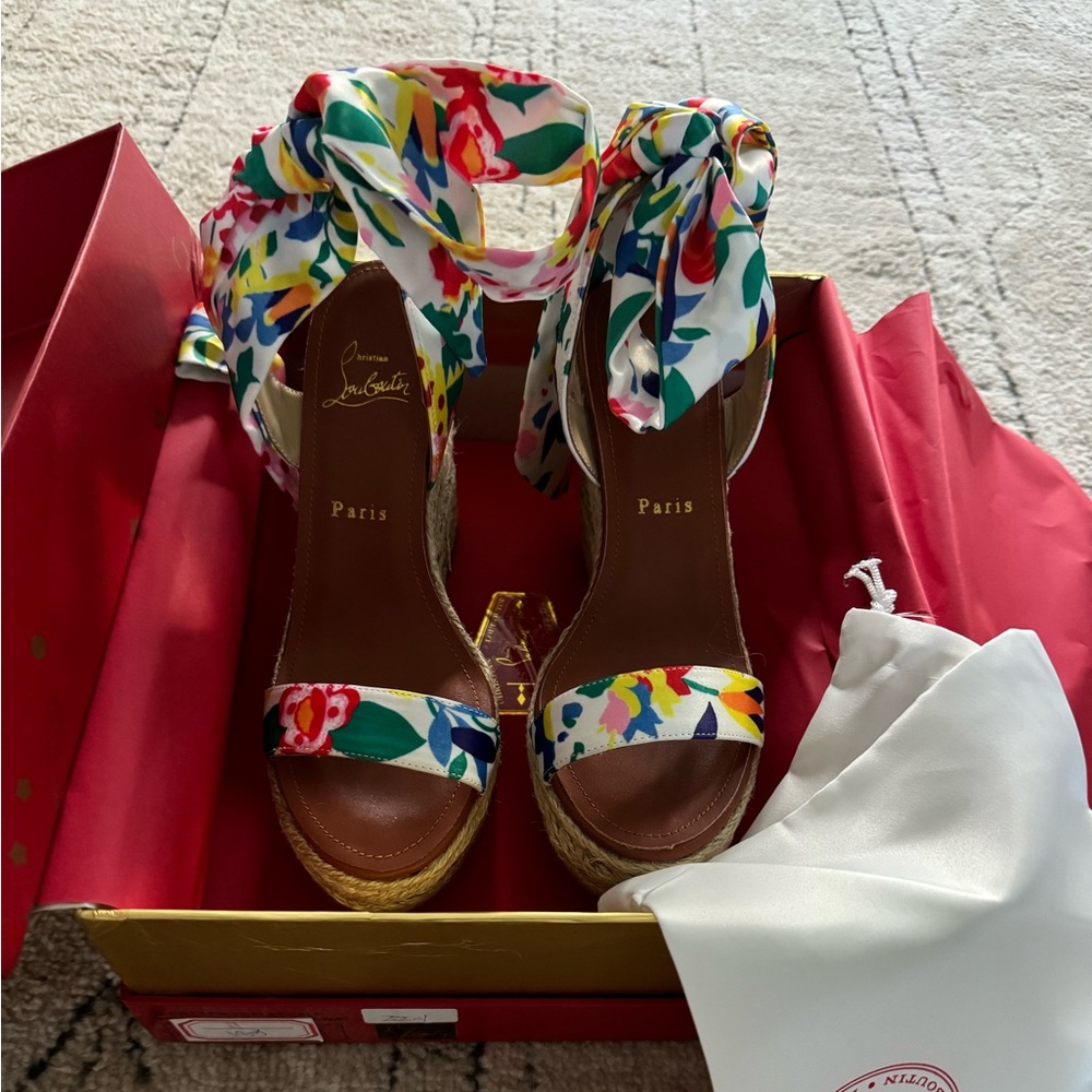 Christian Louboutin Monica Du Desert Crepe Satin Bloomy Red Espadrilles size 38